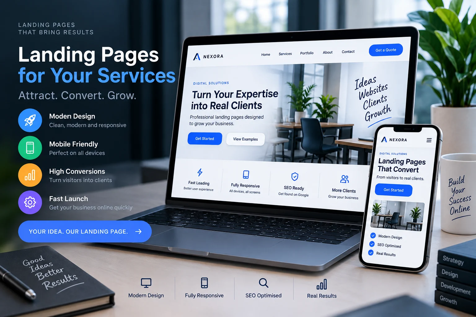 A single-page website that introduces your offer, answers questions, and helps clients get in touch with you.